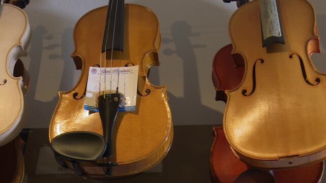 Bilbao, spain; may 21 2022: unfinished and finished violins hanging in luthier workshop