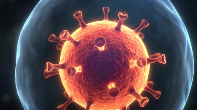 Captivating microscopic visualization of HANTAVIRUS cellular interaction, highlighting the intricate process of AUTOPHAGY within a biological environment