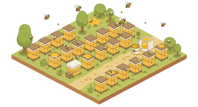An aerial view of a thriving apiary village with hives and bees on green land surrounded by trees.