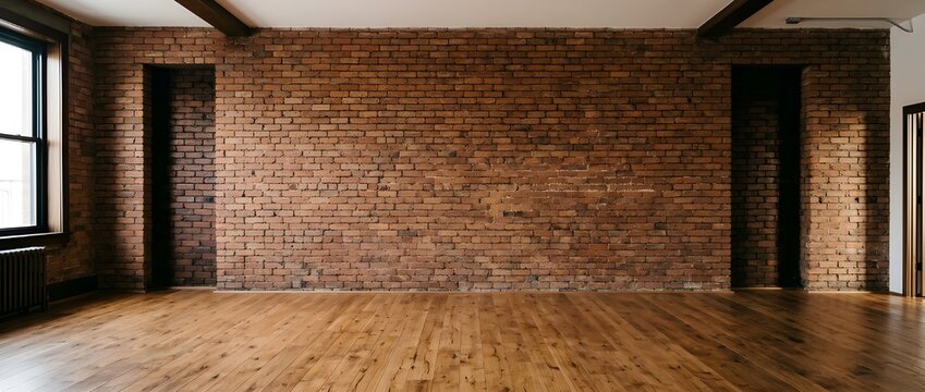 Empty Studio Room with Exposed Brick Wall, Hardwood Floor, and Large Window