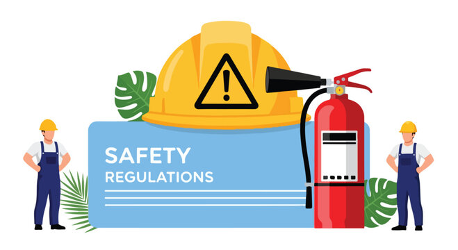 Construction safety regulations concept featuring a hard hat, safety sign, fire extinguisher, and safety app