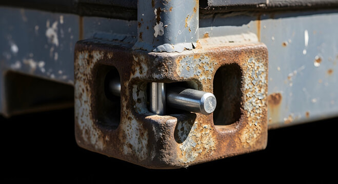 shipping container corner casting with pin rusted metal close up photograph