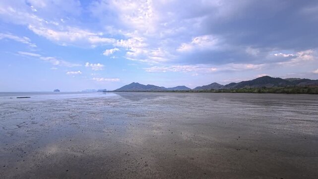 Wide tidal flat with distant hills under cloudy sky and soft light