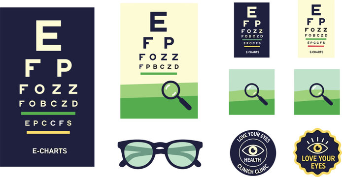 World Sight Day vector elements set with snellen eye testing charts eyeglasses magnifying glass and health vision badges isolated on white background.