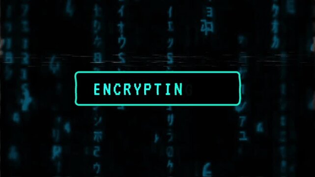 Encrypting Data Cyber Security Screen with Matrix Code Background and Glitch Animation