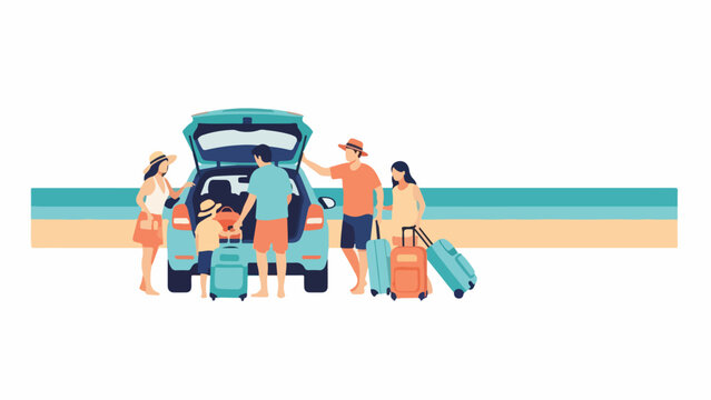 Family on summer vacation loading car with luggage at beach