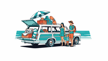 Obraz premium Vintage car with couple on road trip with luggage