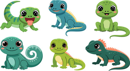 Naklejka premium Cute cartoon baby iguanas and lizards characters collection vector flat reptile wildlife illustration set