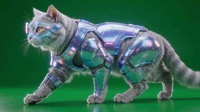 Futuristic cat wearing metallic cybernetic armor walking across the frame in a cinematic slow motion sequence