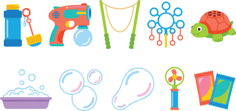 Kids Summer Toy Collection with Bubble Blower, Water Gun, Soap Foam, Beach Accessories, and Cute Outdoor Playtime Vector Icons