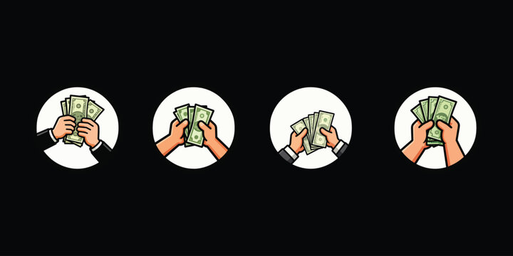 Four cartoon hands holding dollar bills in different positions  business finance concept
