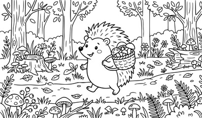 Cute Hedgehog with Mushroom Basket Coloring Page Vector Illustration © Joy