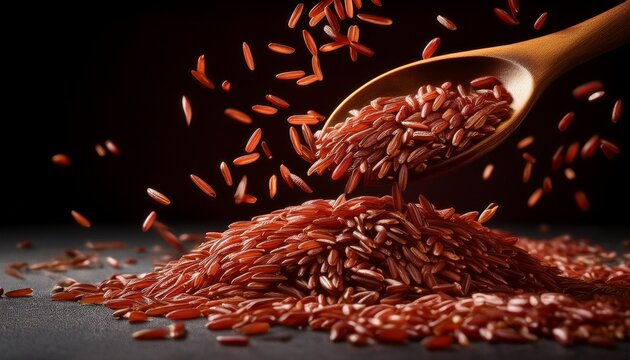 red yeast rice falling red rice grains create dynamic scene showcasing their vibrant color and texture