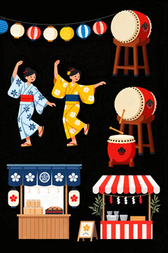 Japanese summer festival vector illustration set with people dancing bon odori in yukata, taiko drums, food stall and paper lanterns.