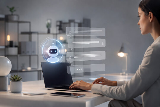 Woman Using AI Chatbot Assistant on Laptop with Virtual Communication Interface