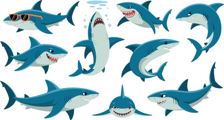 Naklejka premium Cute cartoon blue sharks characters collection with different poses vector flat ocean wildlife illustration set