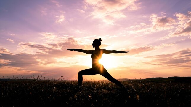 Body health and balance. Silhouette of woman practicing Warrior II yoga pose in grassy field during purple sunset with copy space