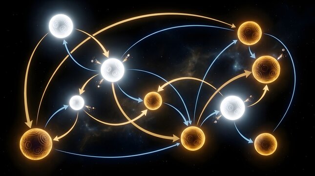 Abstract science background glowing nuclear fusion reaction chain diagram atomic particle physics flow chart