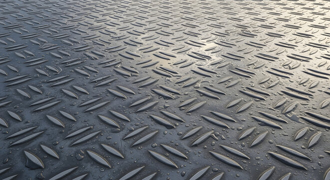 diamond plate metal surface with water droplets industrial textured steel background