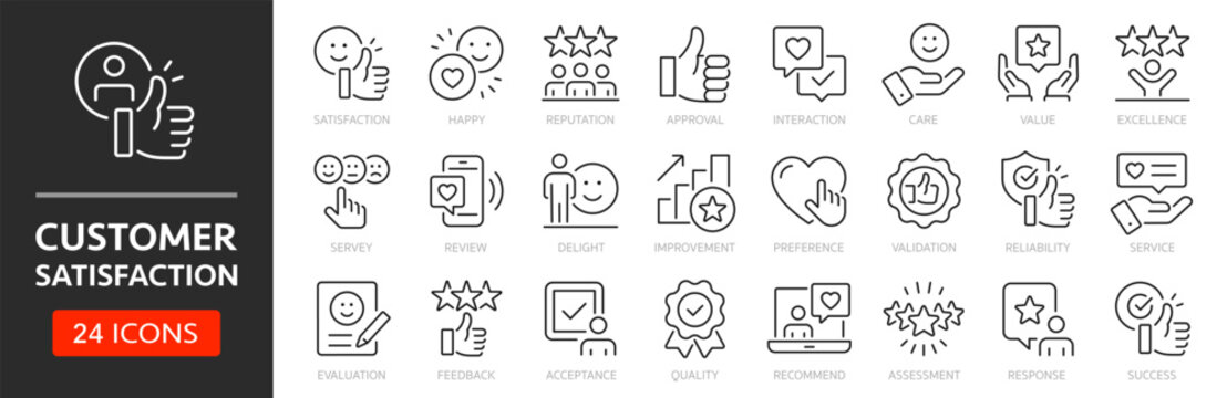 Customer satisfaction line icon set. Editable Stroke. Positive feedback, happiness, like, joy, client, fulfillment - stock vector.