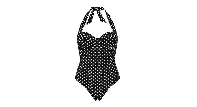 Vintage style black and white polka dot one piece halter swimsuit isolated on transparent background