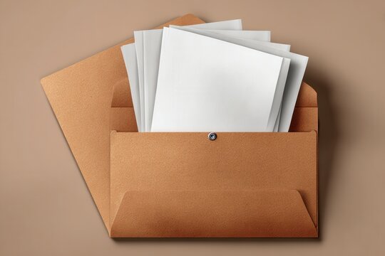 Brown folder holding white paper sheets on neutral background
