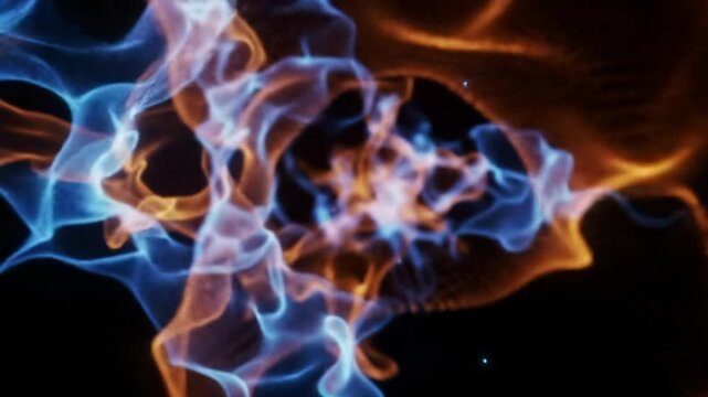 Glowing blue & fiery orange organic light forms morphing in a dark void. Hypnotic cosmic ballet with slow camera drift & soft focus. Mesmerizing abstract light art concept