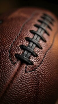 Extreme macro close-up of an American football surface and stitching