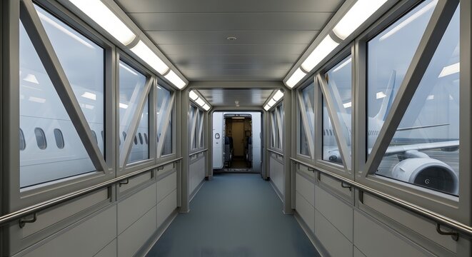 Modern airport jet bridge interior leading to commercial airplane door.