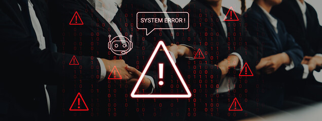 A business team stands in a modern office setting with a digital error message graphic representing the challenges of technology in the workplace. Cyphers © InfiniteFlow