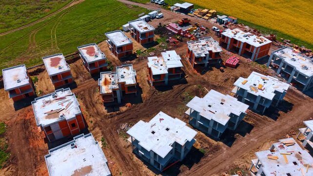 High angle aerial view of residential cottage village construction site. Overhead drone view of multiple concrete and brick houses in progress of building.