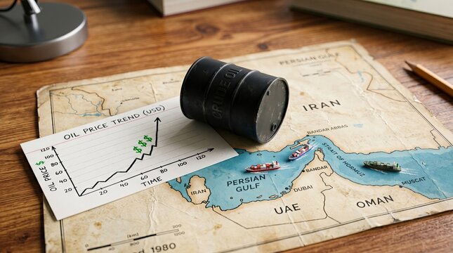 Oil price trend chart and crude oil barrel on Persian Gulf map
