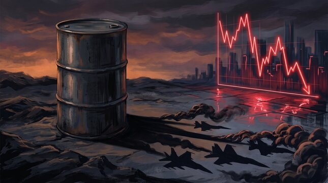 Oil barrel on barren landscape with fighter jets and plunging city stock chart