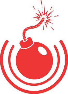 Explosive bomb icon with lit fuse and radiating waves design illustration