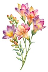 Fototapeta premium Watercolor flowers bouquet with green leaves - Soft watercolor illustration of pastel flowers and delicate green foliage in a natural style.