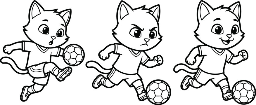 Cute cartoon cat playing soccer vector outline illustration set for kids activity coloring page