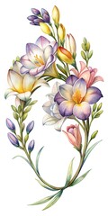 Obraz premium Watercolor flowers bouquet with green leaves - Beautiful watercolor floral arrangement featuring delicate blooms in soft pastel shades with lush green foliage.