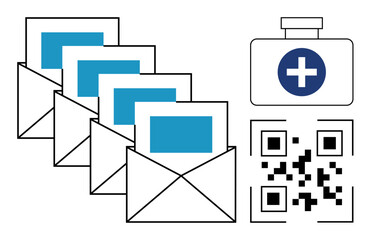 Digital communication, healthcare management, information sharing, telemedicine, medical technology, QR code access. Four envelopes, medical cross icon QR code. Digital communication and healthcare © robu_s