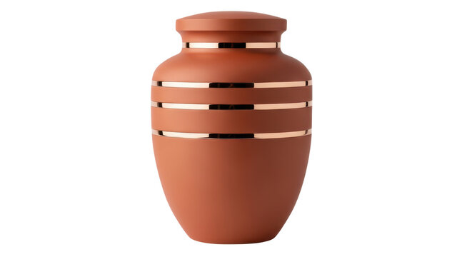 Brown urn with gold accents isolated on transparent background