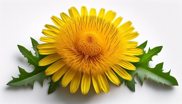 bright yellow dandelion flower isolated on a clean white background showcasing vibrant petals and green leaves with natural beauty
