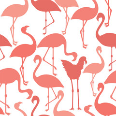 Obraz premium Abstract silhouette of Flamingo bird seamless pattern. Silhouettes of tropical birds on the white background. Vector illustration 