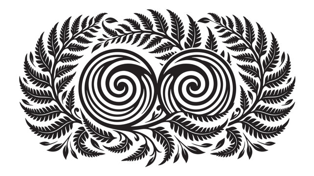 Koru emblem with fern fronds and twin spiral leaves, vintage black botanical crest for logo design and tattoo inspiration