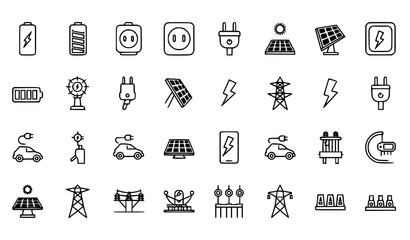 Fototapeta premium Electrical power outline vector icon set energy and high voltage symbols