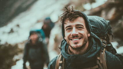 Obraz premium Explore adventure outdoor in National Park. A man with a backpack, wearing a jacket and smiling, standing in the snow. The background is blurred, emphasizing the man as the main subject.