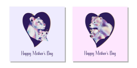Watercolor Mother’s Day greeting cards with polar bear mother and cub © ValeriBaikachova