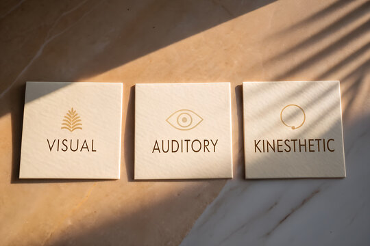 Minimalist tiles labeled visual auditory and kinesthetic representing learning styles and sensory modalities through warm natural light and conceptual educational design    generative ai