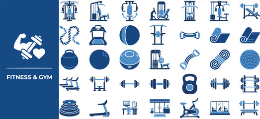 Gym Equipment and Exercise Gear flat icon set. Featuring weight plate, rowing machine, resistance band, medicine ball, and skipping rope symbols. Editable stroke vector icons for fitness store. © Pixel_Forge
