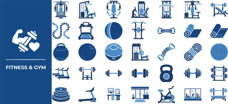 Gym Equipment and Exercise Gear flat icon set. Featuring weight plate, rowing machine, resistance band, medicine ball, and skipping rope symbols. Editable stroke vector icons for fitness store.