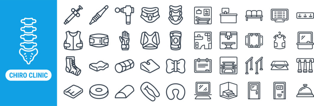 Chiropractic Spine and Body Therapy outline icon set. Featuring spine column, adjustment, neck pain, joint, and posture brace symbols. Editable stroke vector icons for chiropractor clinic.