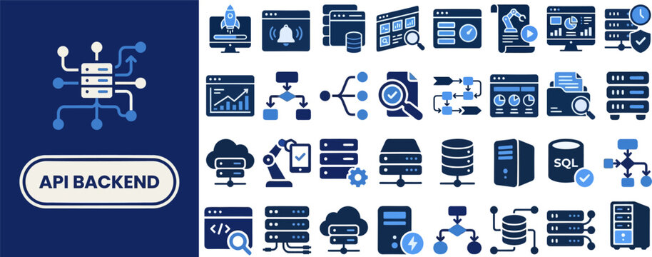 API Backend and Server Architecture flat icon set. Featuring server rack, database, cloud node, code endpoint, and data flow symbols. Editable stroke vector icons for software development.
